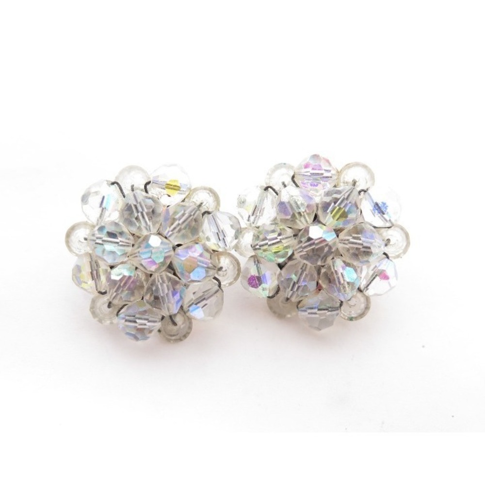 Vintage Beaded Aurora Borealis Crystal Cluster Clip-on Earrings - Picture 4 of 4